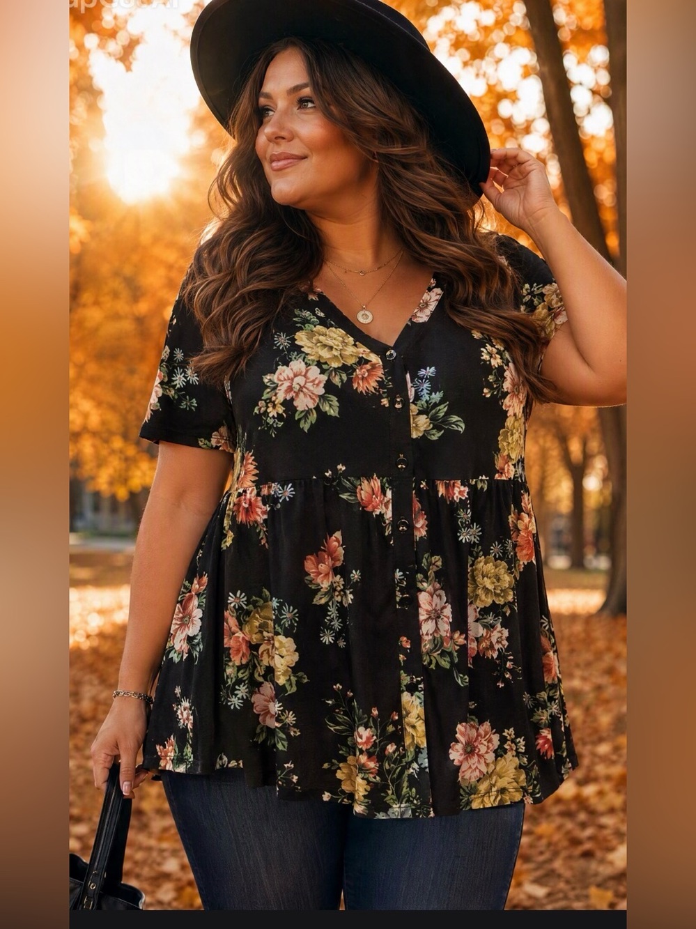 Perfect Spring to fallblouseBlack Floral Button-Front Tunic with Pink and Yellow